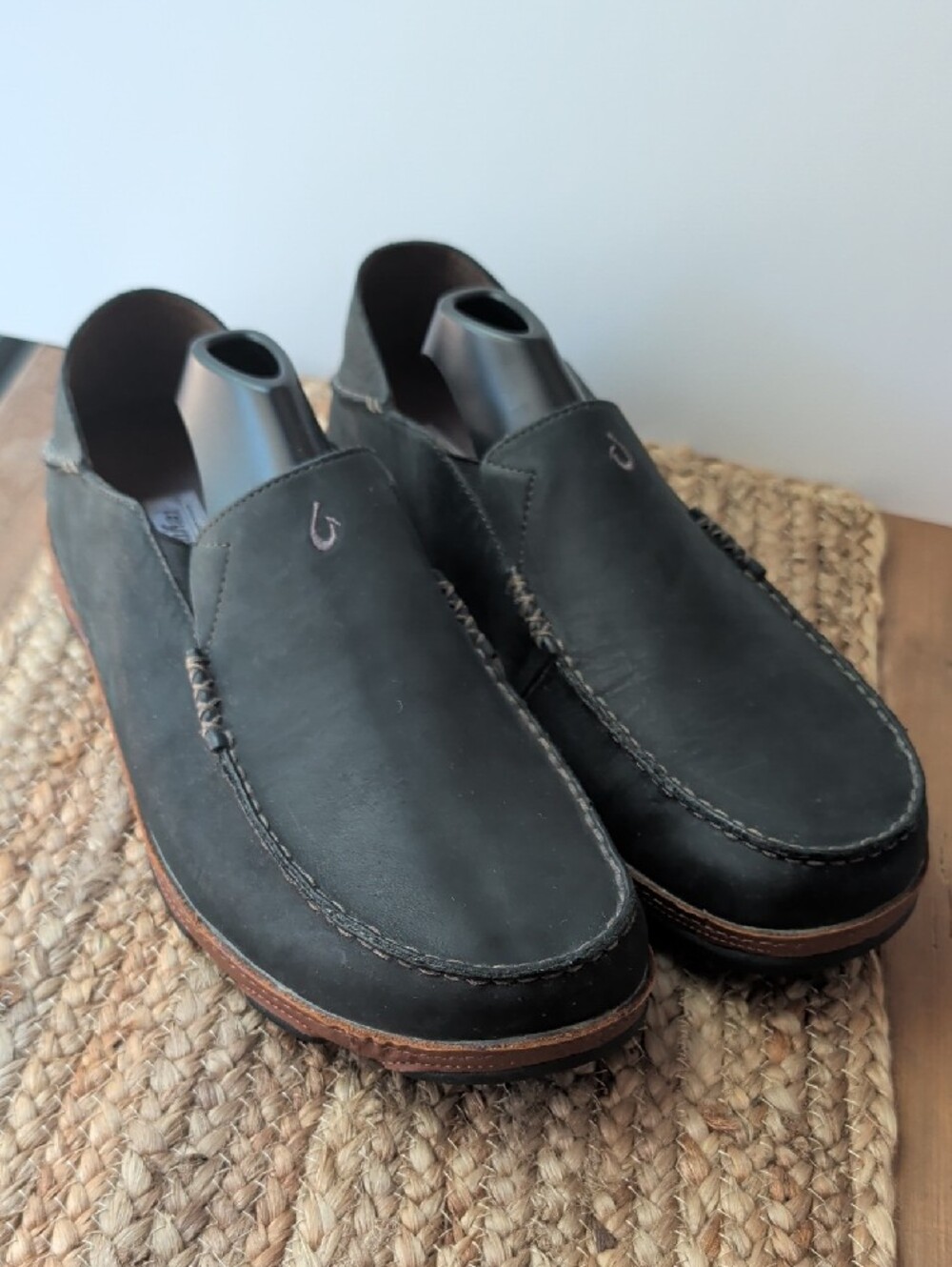 OluKai Men's Black Moloa Leather Slip-On Loafers - Picture 9 of 12